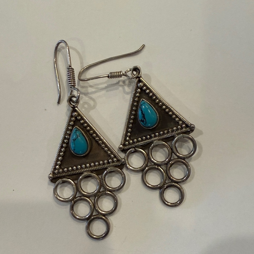 Silver And Turquoise Triangle Dangle Earrings - image 1